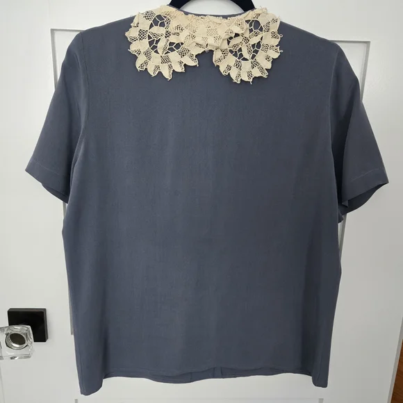 Vintage Preview Collection Blue/Grey Blouse with Cream Lace Collar 100% Silk - Picture 6 of 11